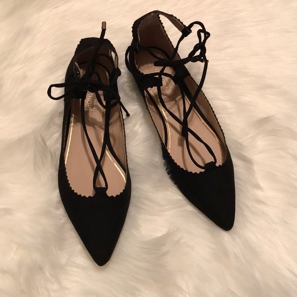Topshop Ballerina Strap Up Black Suede Flats - Picture 3 of 8